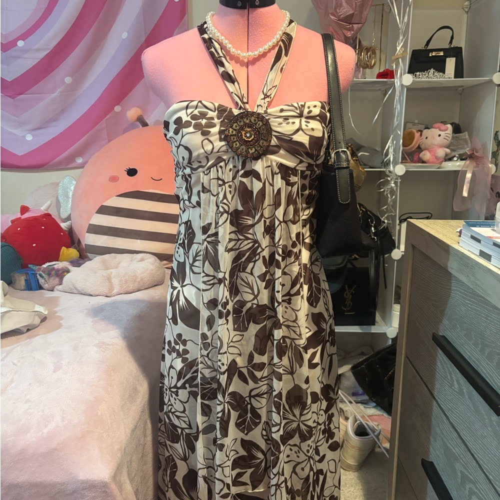 Brown and Cream Halter Midi Dress with Decorative Brooch